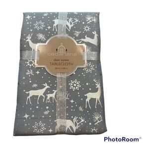 Cedarlane Christmas Deer Winter Metallic Gray Snowflakes Tablecloth 60x104” Star